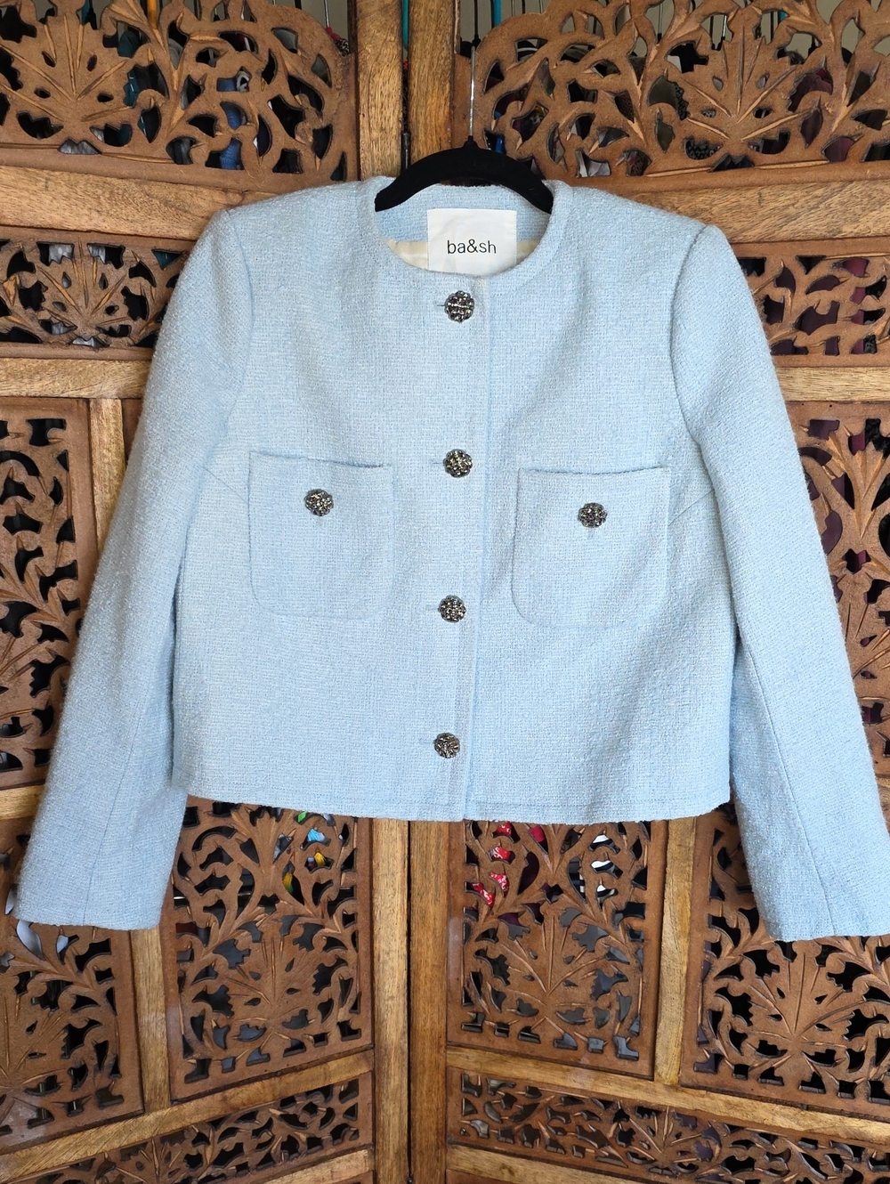 ba&sh Pale Blue Tweed Cropped Jacket with Decorative Buttons